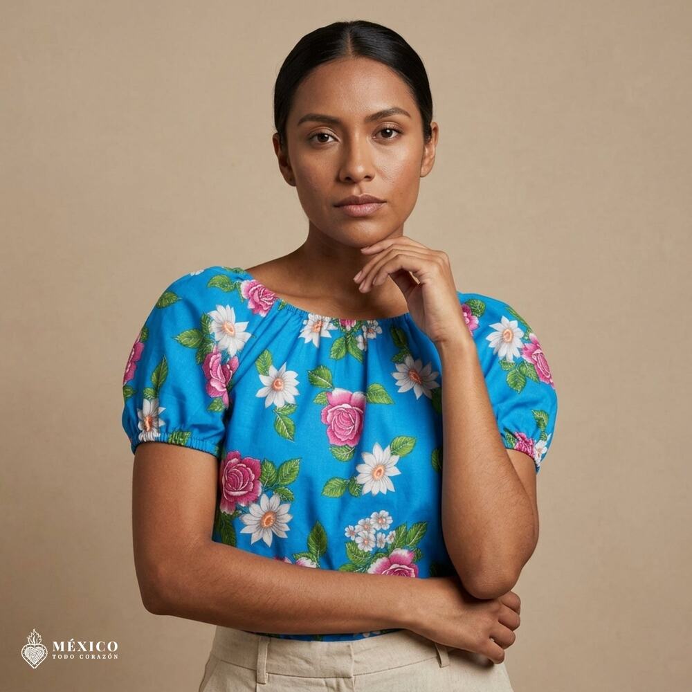Traditional Mexican Floral Blouse – Lightweight Polyester Folk Style Top